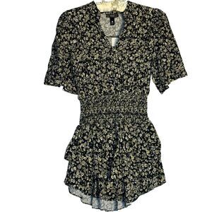 Aqua szS navy Blue and pink floral Ruffled sleeves and Tiered skirt Mini Dress